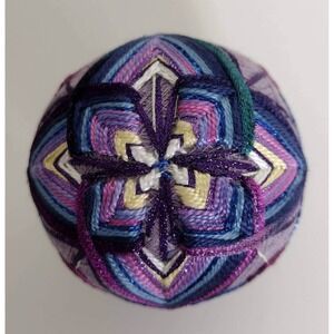 Japanese Temari Ball, Handmade Purple & Teal, Decorative Ball with Ribbon Hanger